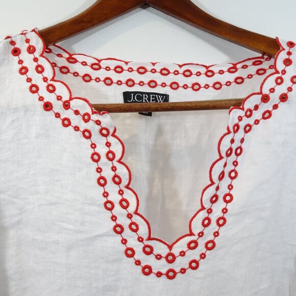 J. Crew Embroidered Tunic Linen Red White Size XL Boxy V-Neck Flowy Peasant - Picture 6 of 9
